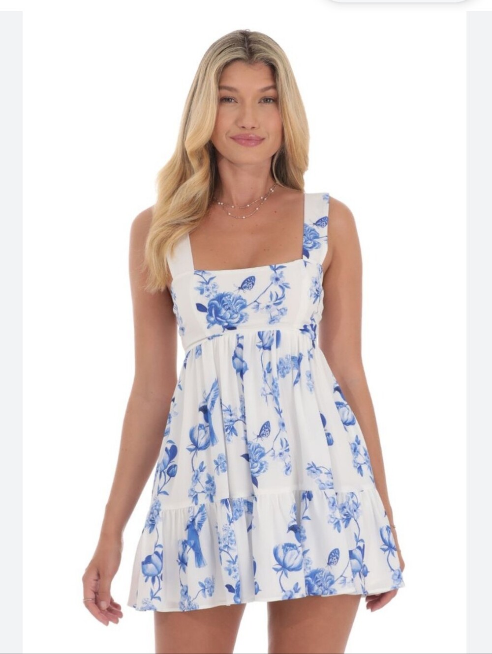Lucy in the Sky Floral And Bird Blue White Babydoll Dress Sz Medium Wedding